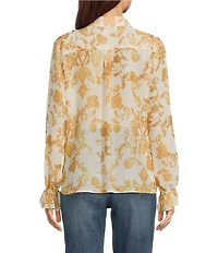 KARL LAGERFELD PARIS Foil Print Chiffon Woven Spread Collar Long Sleeve Blouse