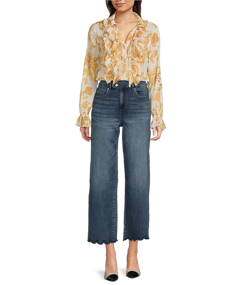KARL LAGERFELD PARIS Foil Print Chiffon Woven Spread Collar Long Sleeve Blouse