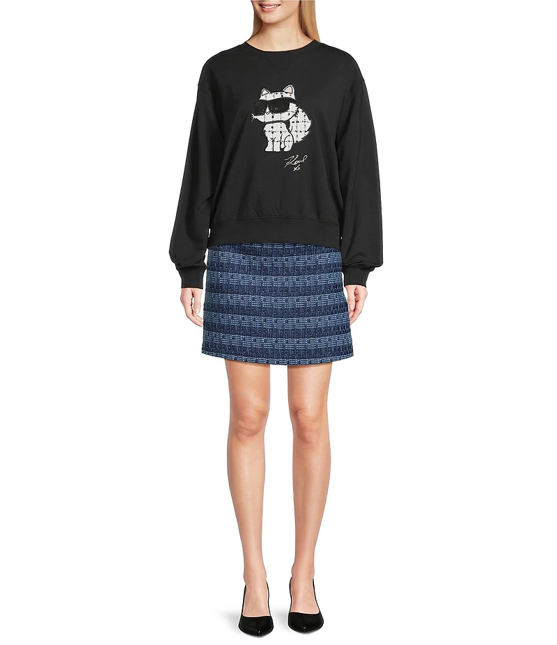 KARL LAGERFELD PARIS French Terry Knit Choupette Crew Neck Long Sleeve Sweatshirt