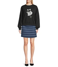 KARL LAGERFELD PARIS French Terry Knit Choupette Crew Neck Long Sleeve Sweatshirt