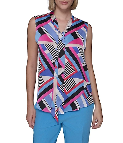 KARL LAGERFELD PARIS Geometric Printed Satin Crepe De Chine Tie-Neck Sleeveless Blouse