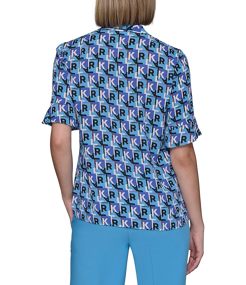 KARL LAGERFELD PARIS Georgette Logo Print Ruffle Front V-Neck Short Sleeve Blouse