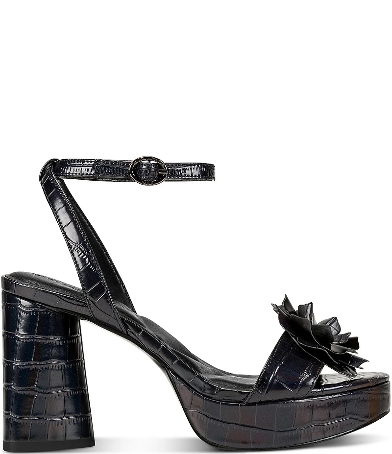 KARL LAGERFELD PARIS Haden Croc Print Floral Ornament Ankle Strap Dress Sandals