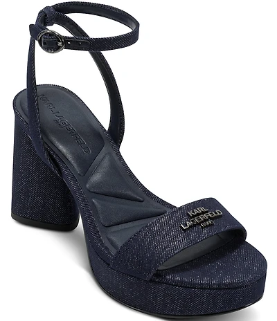 KARL LAGERFELD PARIS Hadon Dark Denim Signature Logo Platform High Heel Sandals