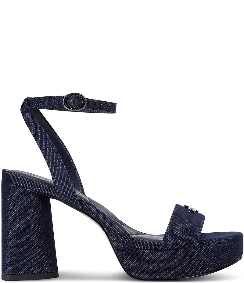 KARL LAGERFELD PARIS Hadon Dark Denim Signature Logo Platform High Heel Sandals