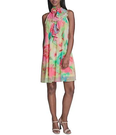 KARL LAGERFELD PARIS Halter Neck Sleeveless Printed Clip Chiffon Dress