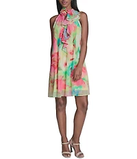 KARL LAGERFELD PARIS Halter Neck Sleeveless Printed Clip Chiffon Dress