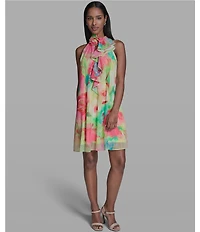 KARL LAGERFELD PARIS Halter Neck Sleeveless Printed Clip Chiffon Dress