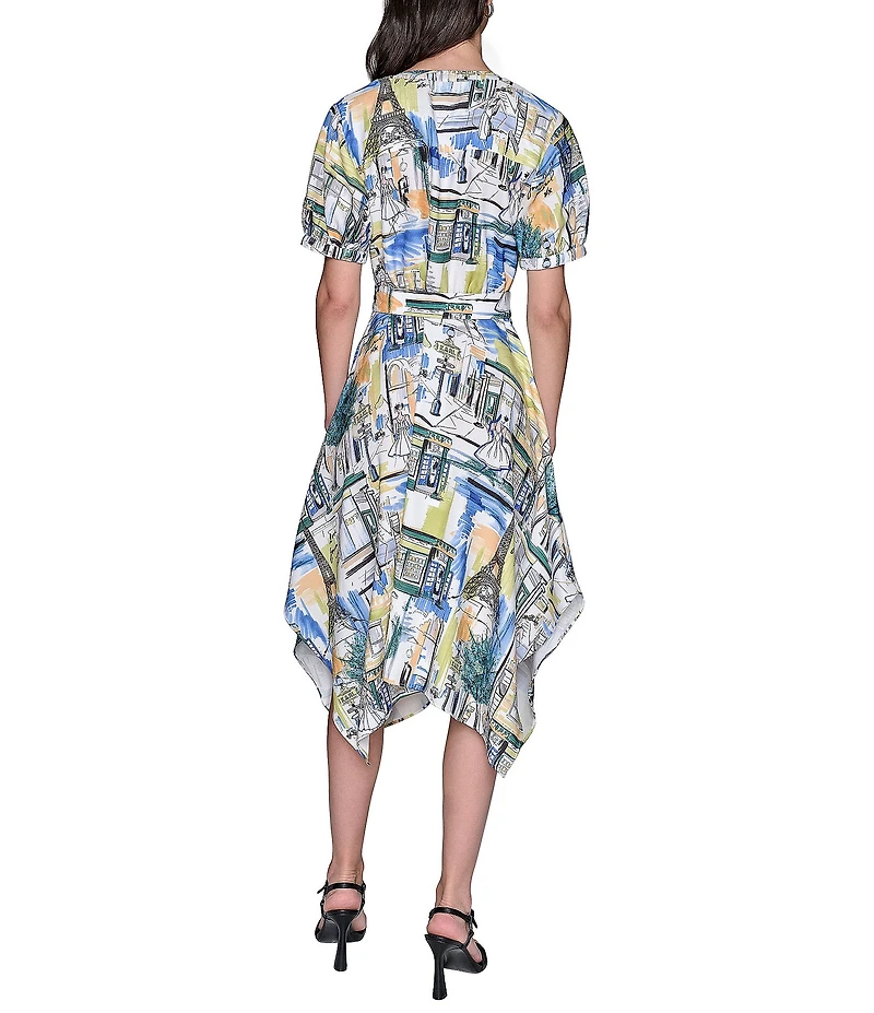 KARL LAGERFELD PARIS Handkerchief Hem Split V-Neckline Short Sleeve Button Front Shirt Midi Dress