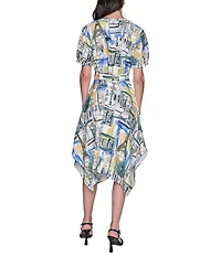 KARL LAGERFELD PARIS Handkerchief Hem Split V-Neckline Short Sleeve Button Front Shirt Midi Dress
