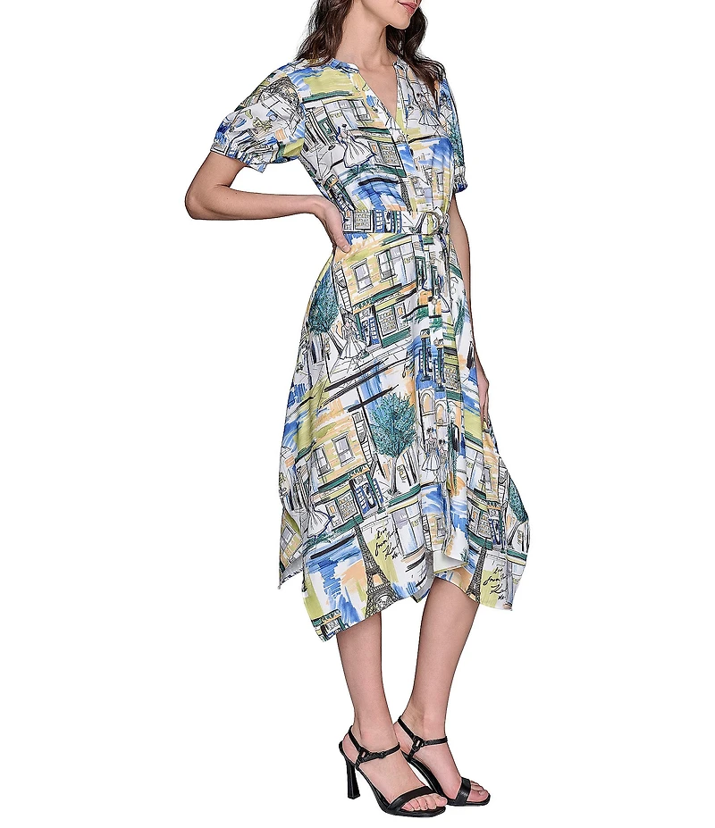KARL LAGERFELD PARIS Handkerchief Hem Split V-Neckline Short Sleeve Button Front Shirt Midi Dress