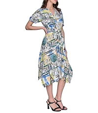KARL LAGERFELD PARIS Handkerchief Hem Split V-Neckline Short Sleeve Button Front Shirt Midi Dress
