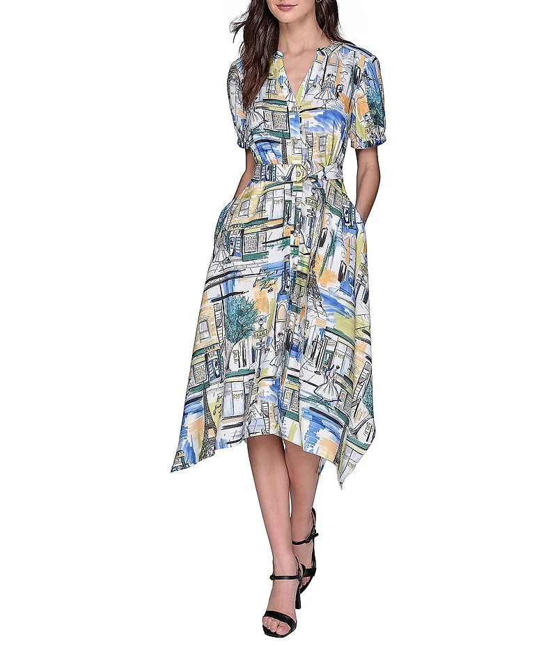 KARL LAGERFELD PARIS Handkerchief Hem Split V-Neckline Short Sleeve Button Front Shirt Midi Dress