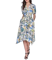 KARL LAGERFELD PARIS Handkerchief Hem Split V-Neckline Short Sleeve Button Front Shirt Midi Dress