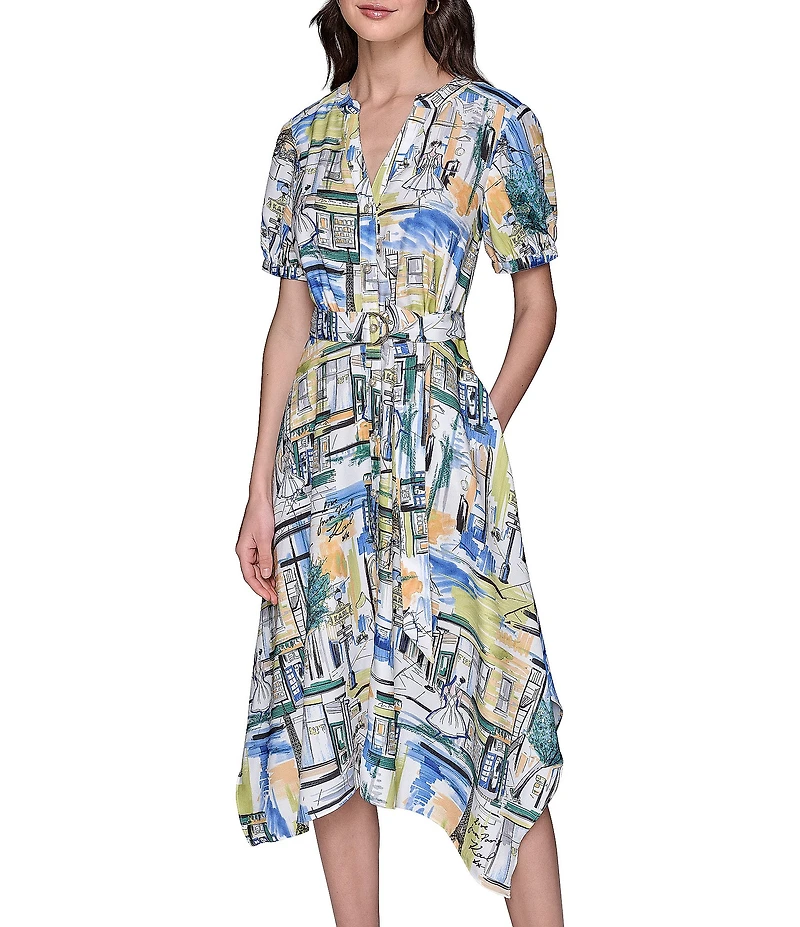 KARL LAGERFELD PARIS Handkerchief Hem Split V-Neckline Short Sleeve Button Front Shirt Midi Dress
