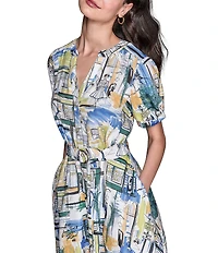 KARL LAGERFELD PARIS Handkerchief Hem Split V-Neckline Short Sleeve Button Front Shirt Midi Dress
