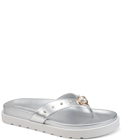 KARL LAGERFELD PARIS Hayze Pearl Studded Flip Flip Footbed Sandals