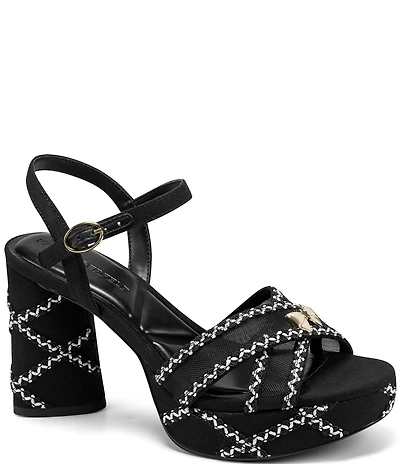 KARL LAGERFELD PARIS Hickory Stitched Canvas and Mesh Ankle Strap Platform Sandals
