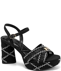 KARL LAGERFELD PARIS Hickory Stitched Canvas and Mesh Ankle Strap Platform Sandals