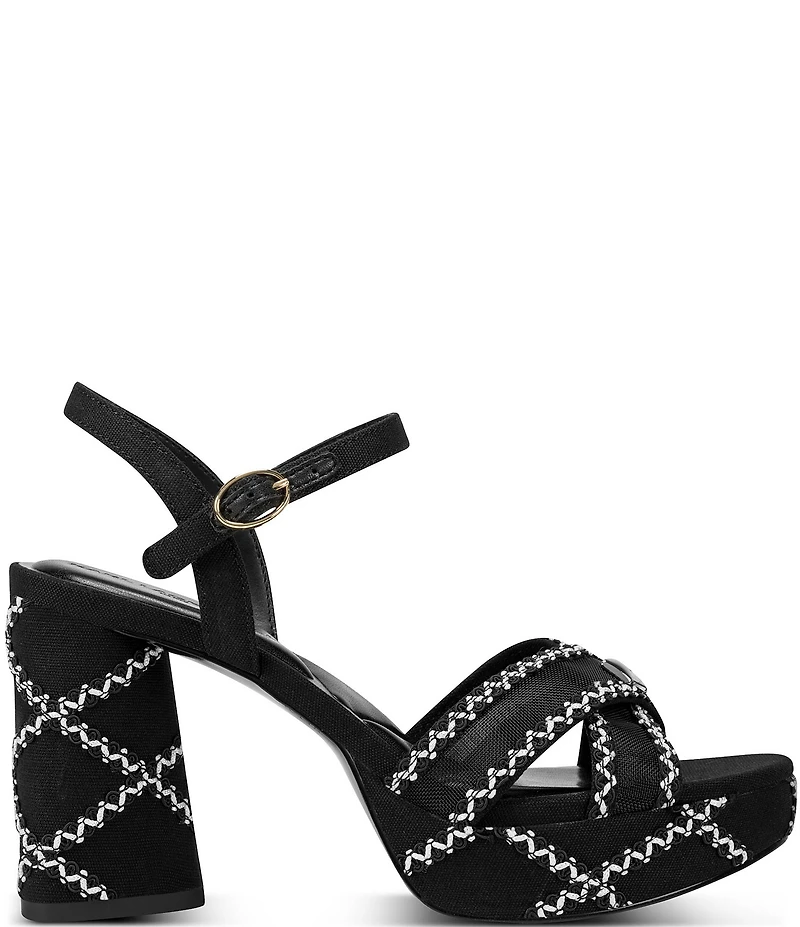 KARL LAGERFELD PARIS Hickory Stitched Canvas and Mesh Ankle Strap Platform Sandals