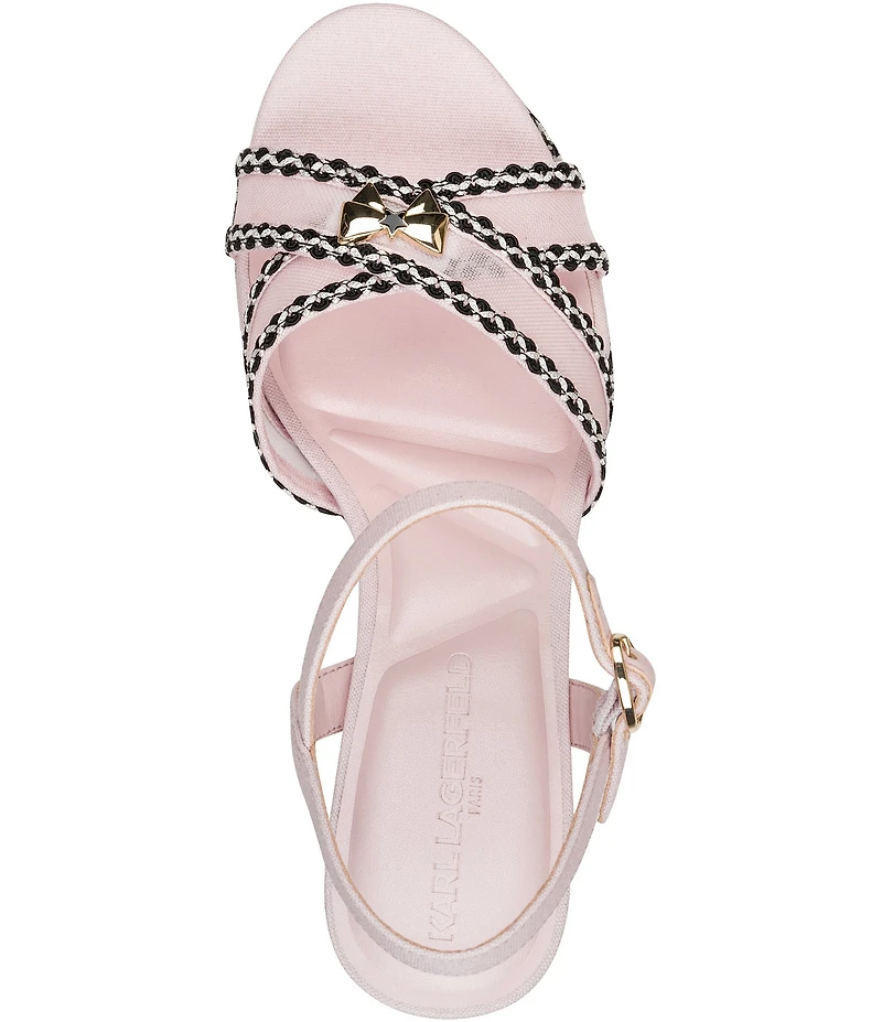 KARL LAGERFELD PARIS Hickory Stitched Canvas and Mesh Ankle Strap Platform Sandals