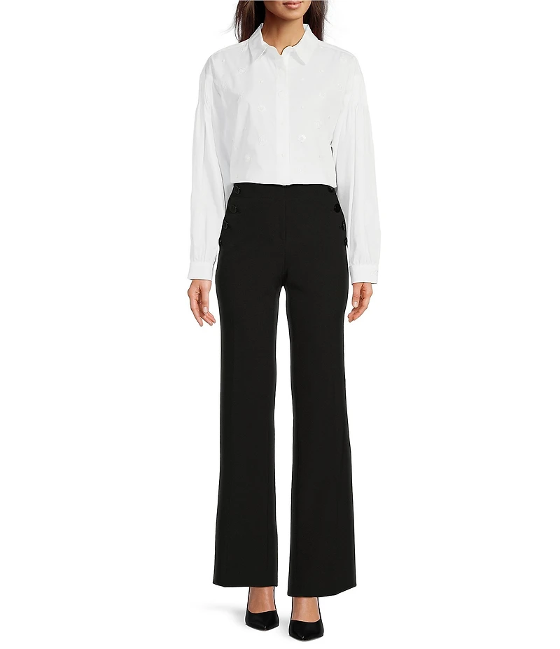 KARL LAGERFELD PARIS High Waisted Full Length Sailor Button Pocket Pants