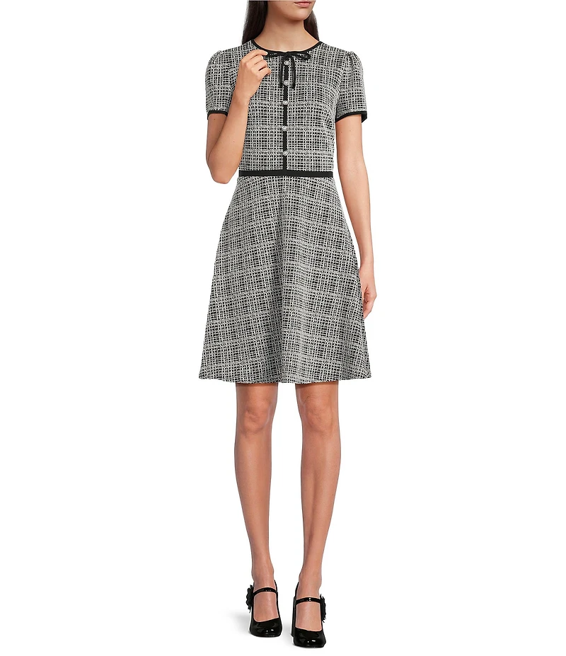 KARL LAGERFELD PARIS Jacquard Knit Short Sleeve Bow Neck Pearl Button Fit And Flare Dress