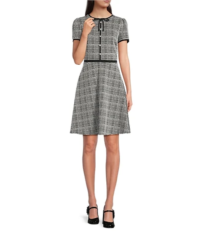KARL LAGERFELD PARIS Jacquard Knit Short Sleeve Bow Neck Pearl Button Fit And Flare Dress
