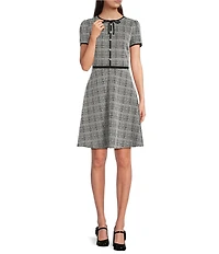 KARL LAGERFELD PARIS Jacquard Knit Short Sleeve Bow Neck Pearl Button Fit And Flare Dress