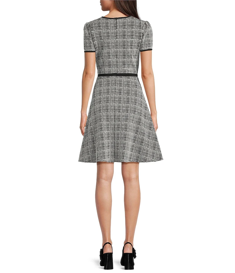 KARL LAGERFELD PARIS Jacquard Knit Short Sleeve Bow Neck Pearl Button Fit And Flare Dress