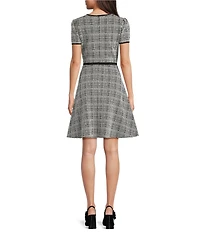 KARL LAGERFELD PARIS Jacquard Knit Short Sleeve Bow Neck Pearl Button Fit And Flare Dress