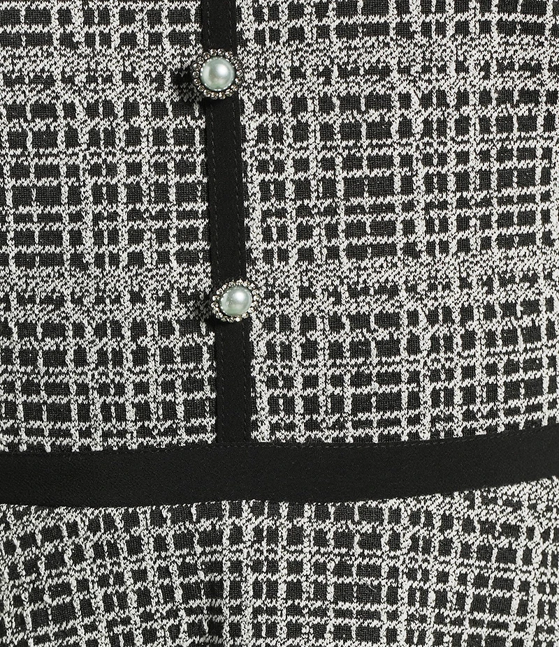 KARL LAGERFELD PARIS Jacquard Knit Short Sleeve Bow Neck Pearl Button Fit And Flare Dress