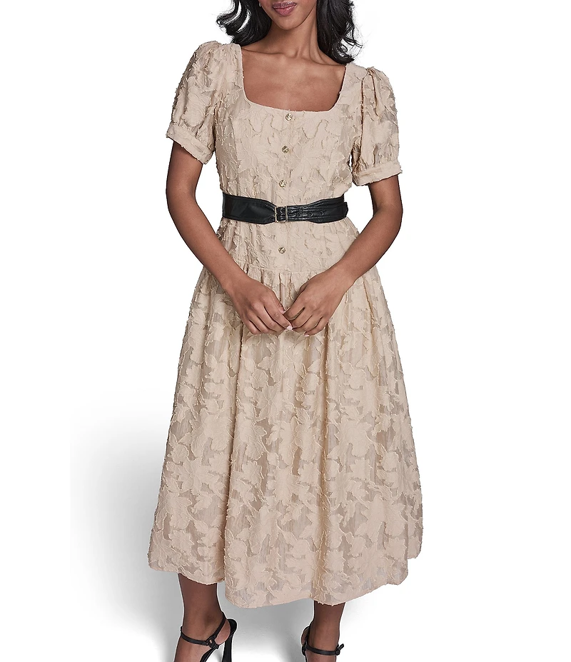 KARL LAGERFELD PARIS Jacquard Lace Square Neck Short Sleeve Belted Dress