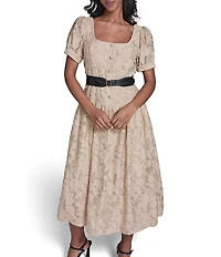 KARL LAGERFELD PARIS Jacquard Lace Square Neck Short Sleeve Belted Dress