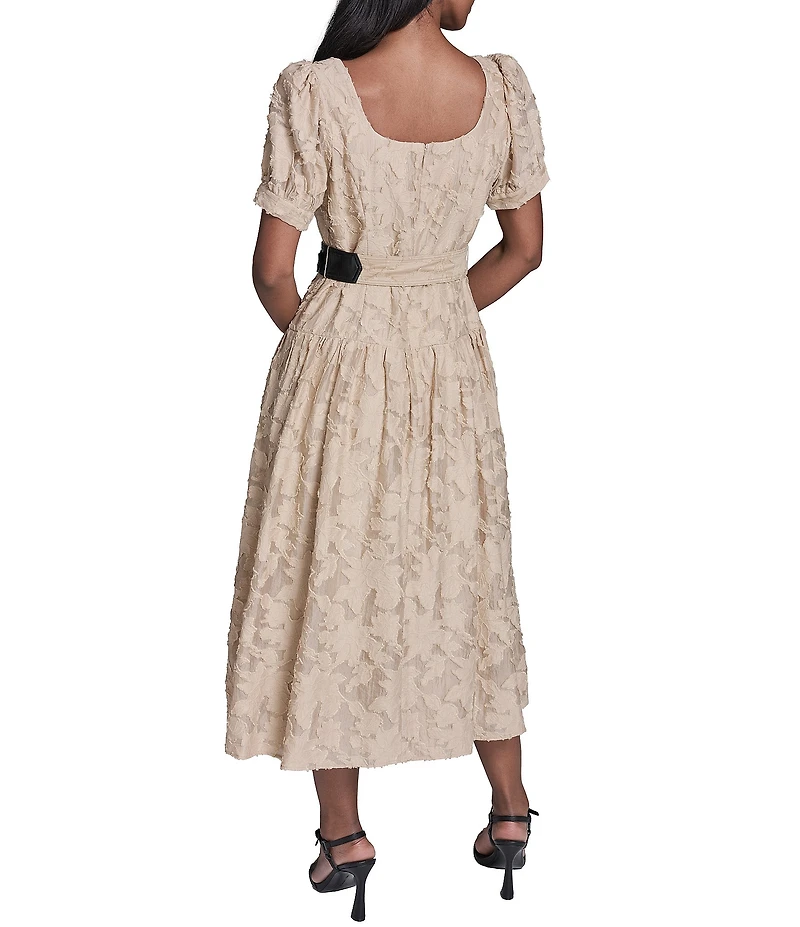 KARL LAGERFELD PARIS Jacquard Lace Square Neck Short Sleeve Belted Dress