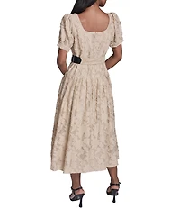 KARL LAGERFELD PARIS Jacquard Lace Square Neck Short Sleeve Belted Dress