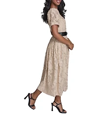 KARL LAGERFELD PARIS Jacquard Lace Square Neck Short Sleeve Belted Dress