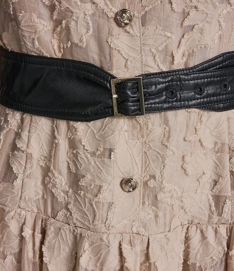 KARL LAGERFELD PARIS Jacquard Lace Square Neck Short Sleeve Belted Dress