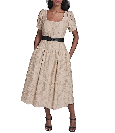 KARL LAGERFELD PARIS Jacquard Lace Square Neck Short Sleeve Belted Dress