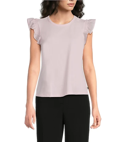 KARL LAGERFELD PARIS Jersey Knit Boat Neck Sleeveless Ruffle Tank