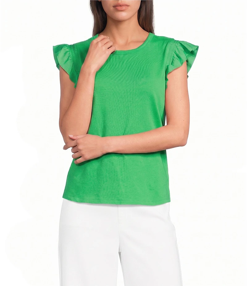 KARL LAGERFELD PARIS Jersey Knit Boat Neck Sleeveless Ruffle Tank
