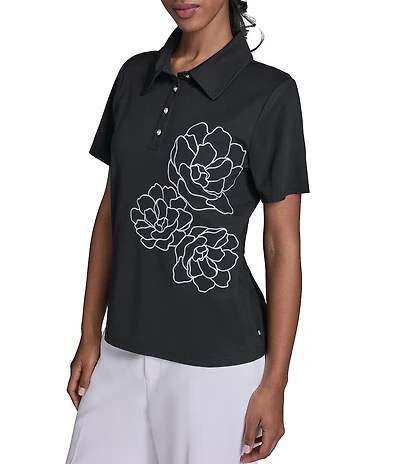 KARL LAGERFELD PARIS Jersey Knit Floral Print Point Collar Short Sleeve Top