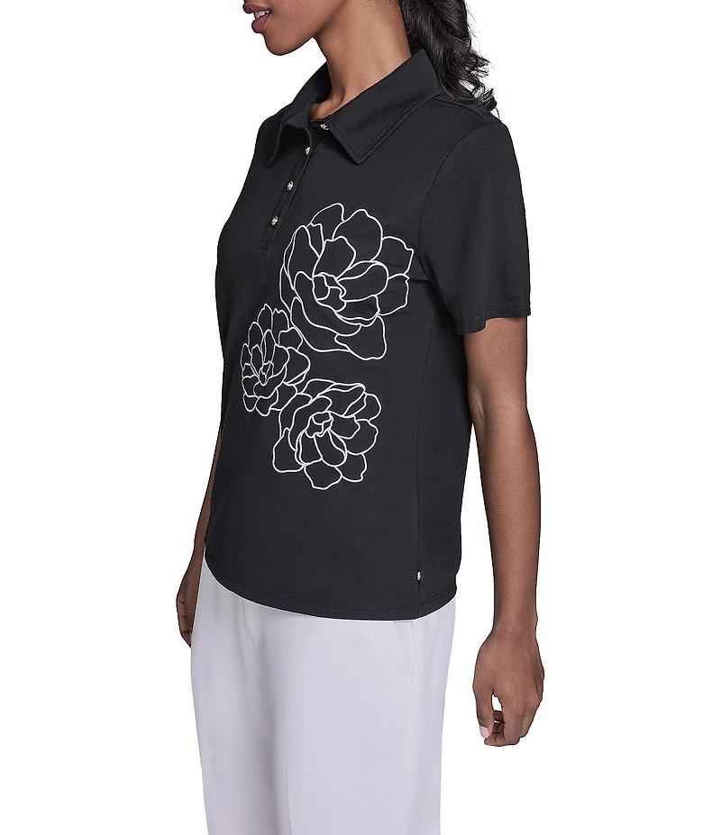 KARL LAGERFELD PARIS Jersey Knit Floral Print Point Collar Short Sleeve Top