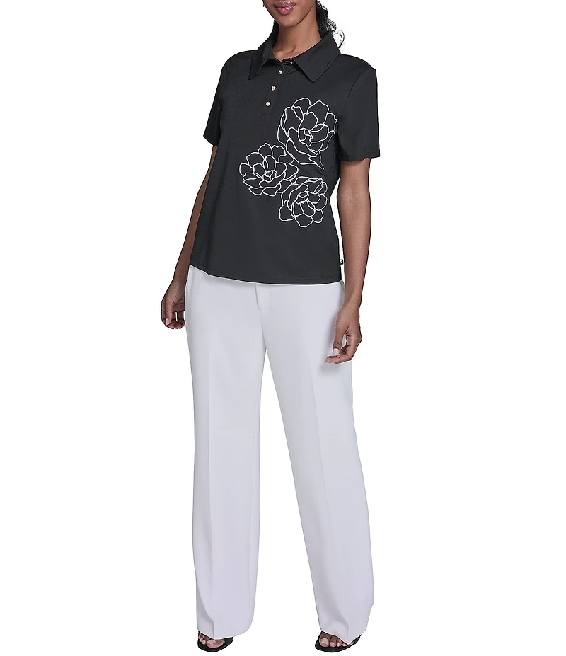 KARL LAGERFELD PARIS Jersey Knit Floral Print Point Collar Short Sleeve Top