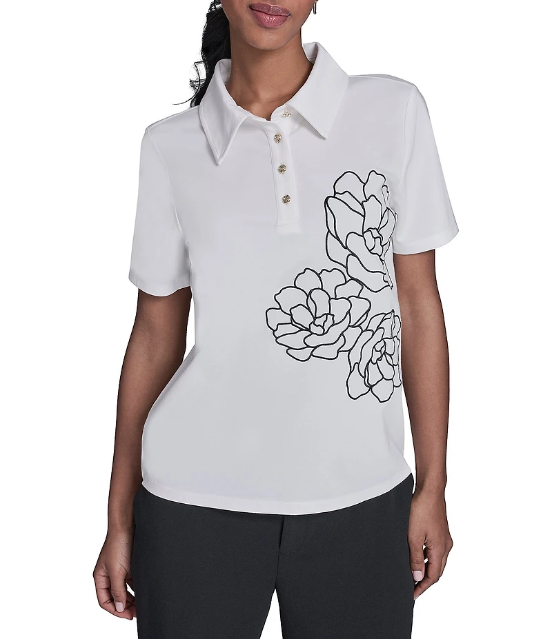 KARL LAGERFELD PARIS Jersey Knit Floral Print Point Collar Short Sleeve Top