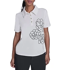 KARL LAGERFELD PARIS Jersey Knit Floral Print Point Collar Short Sleeve Top