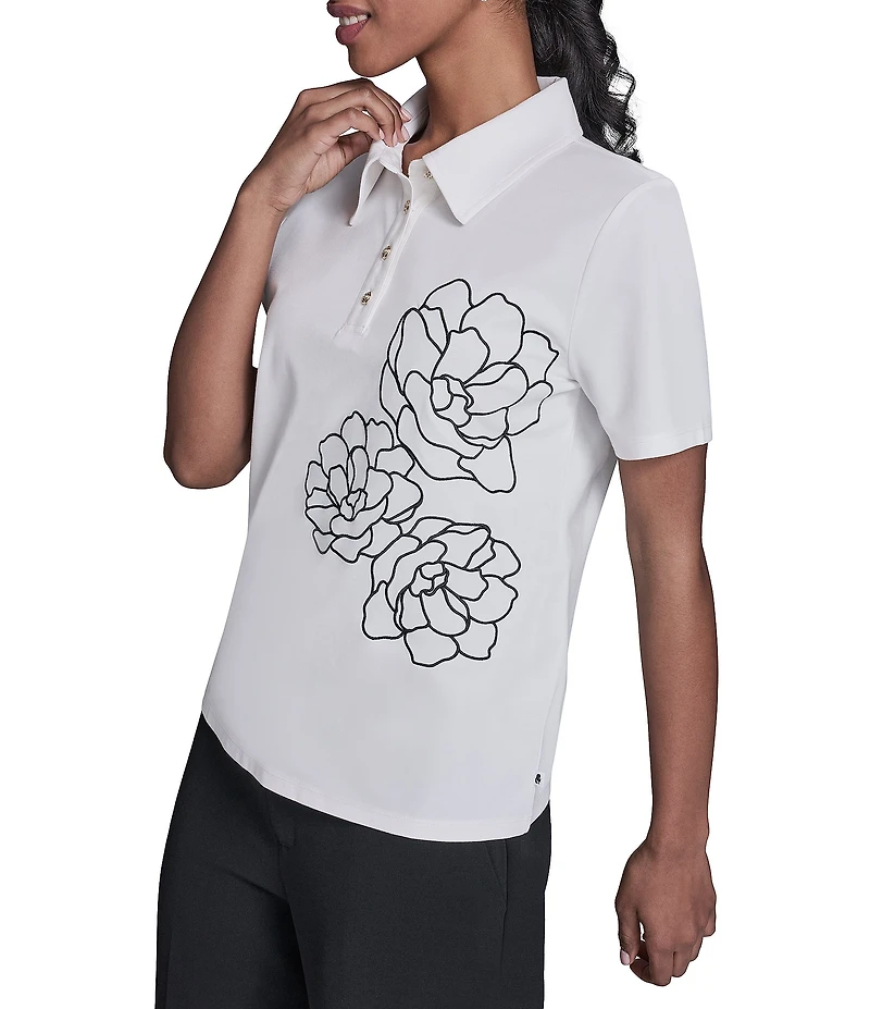 KARL LAGERFELD PARIS Jersey Knit Floral Print Point Collar Short Sleeve Top