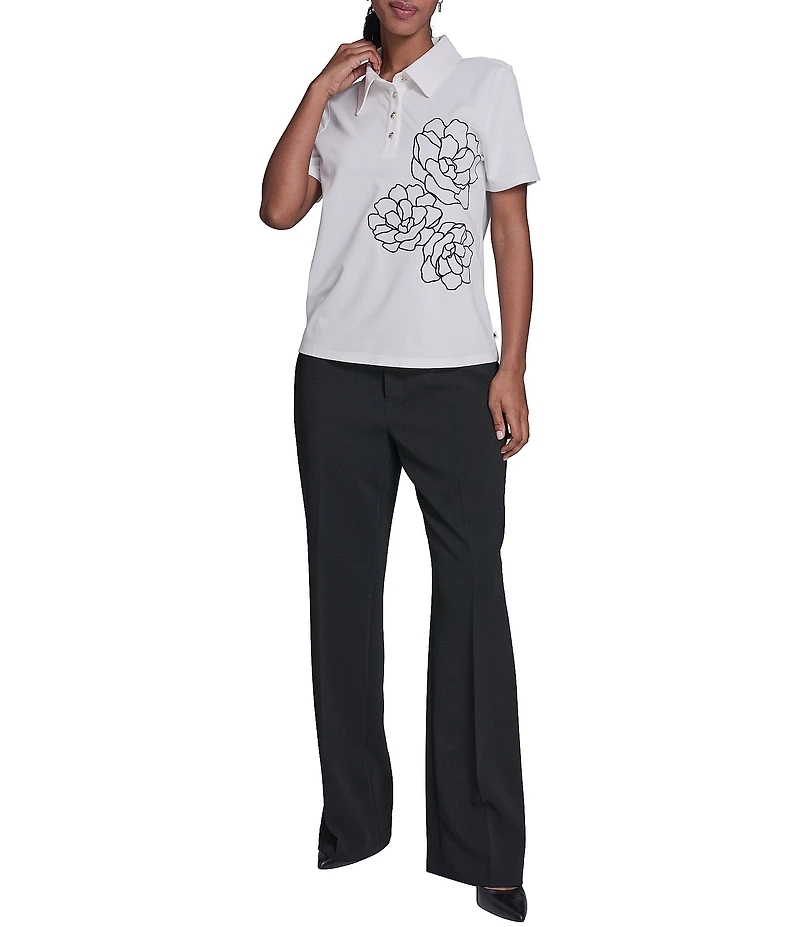 KARL LAGERFELD PARIS Jersey Knit Floral Print Point Collar Short Sleeve Top