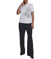 KARL LAGERFELD PARIS Jersey Knit Floral Print Point Collar Short Sleeve Top