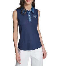 KARL LAGERFELD PARIS Jersey Knit Polo Collar Sleeveless Top